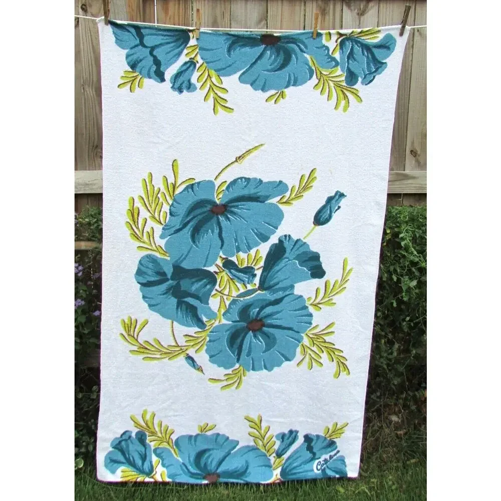 Dundee Oversize Beach Towel Hand Printed Bold Blue Green Floral 60x27 Vintage